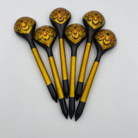 Vintage Hand Painted Wooden Spoons 6 Pieces Black Gold Red 6" Long Flower Design - Picture 2 of 4
